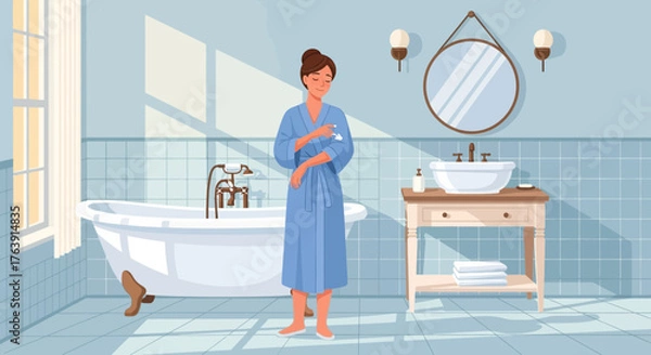 Obraz Cartoon illustration showcasing a bathroom scene with a woman applying cream