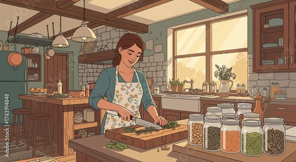 Obraz Warm kitchen scene: A woman preparing food with jars and sunlight filtering through