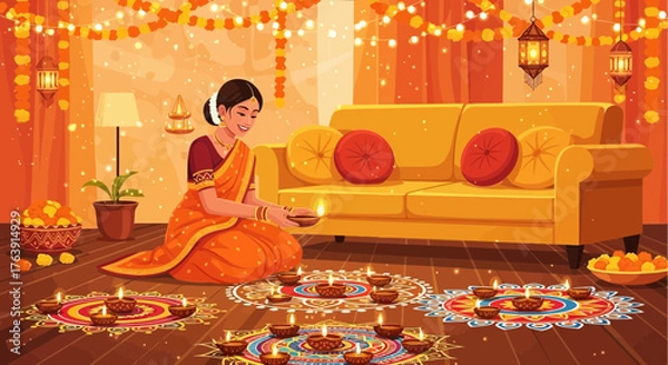 Obraz Diwali Celebrations: A Woman in Saree Lighting Diyas Amidst Festive Decorations