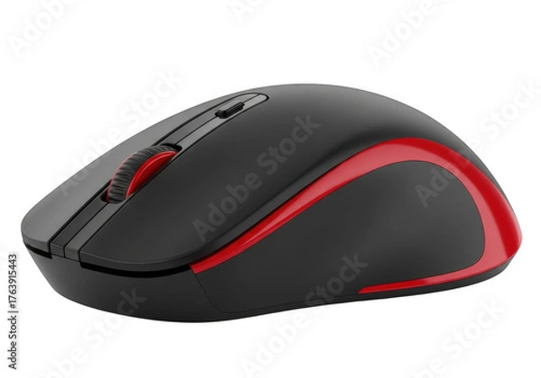 Fototapeta A wireless computer mouse with black and red accents is isolated on transparent background, showcasing its ergonomic design
