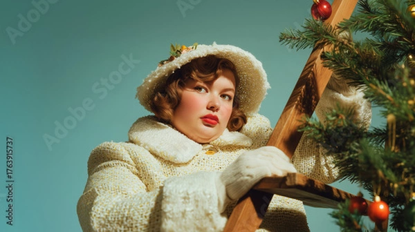 Obraz Retro chubby woman in cozy vintage winter outfit on wooden ladder decorating Christmas tree, tender festive emotion, nostalgic charm, perfect holiday advertising image