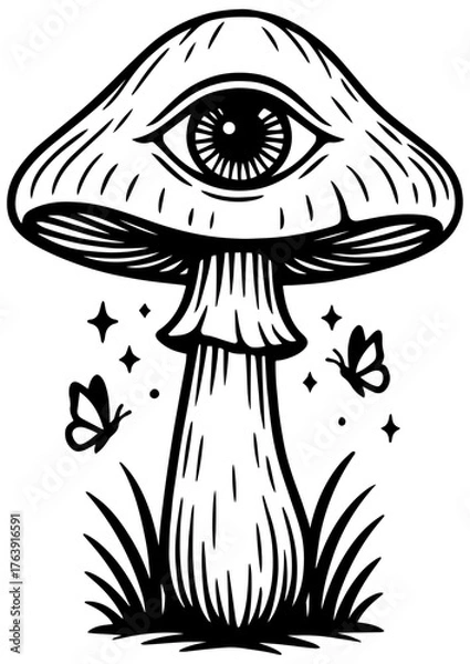 Fototapeta Black and white vector of a fantasy mushroom with an eye on its cap and butterflies nearby, symbolizing vision and mystery, for engraving art