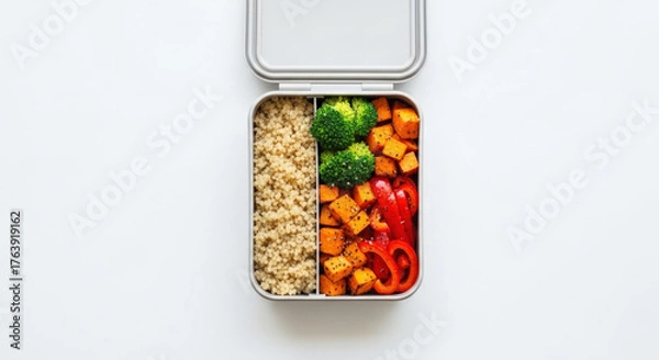 Fototapeta Healthy meal prep container with rice, broccoli, and bell peppers  