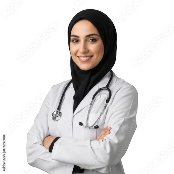 Obraz A smiling female medical professional wearing a white lab coat and black hijab with a stethoscope around her neck isolated on transparent background