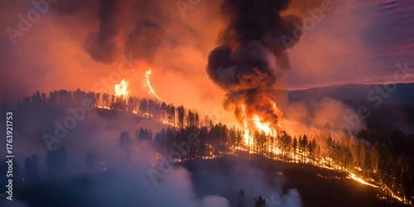 Fototapeta Raging wildfire engulfs a forest, with smoke billowing against a dramatic sunset sky.