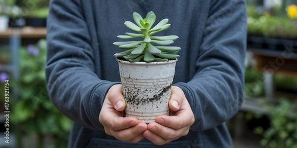 Fototapeta Hands gently cradle a small succulent plant in a decorative, patterned pot.
