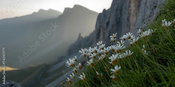 Fototapeta Majestic mountain range bathed in soft sunlight, delicate wildflowers bloom along rocky terrain.