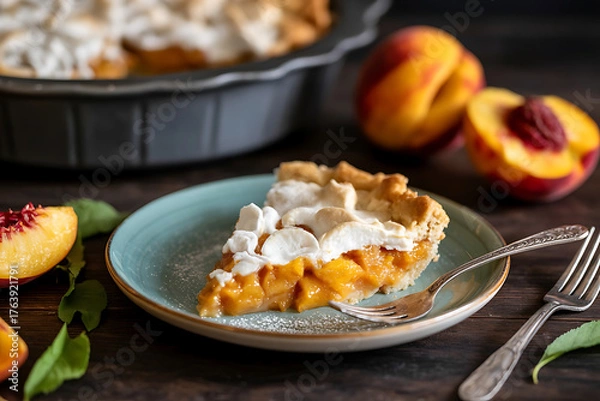 Fototapeta A delicious peach pie with fluffy meringue, served with fresh peaches and a fork.