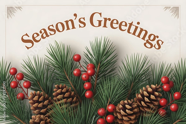 Fototapeta Festive pine branches, red berries, and pinecones create a warm seasonal greeting display.