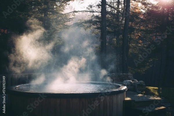 Fototapeta A serene hot tub sits surrounded by snow-covered trees and mountains