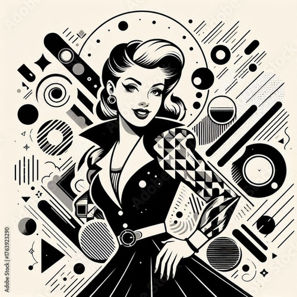 Obraz fashion model in retro style, fashion model in retro style dress, retro woman with retro hairstyle, retro woman with retro style, retro girl with retro style, girl in a hat, girl in a black dress