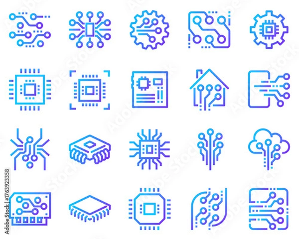 Fototapeta A simple set of abstract electronic vector line icons. Contains icons such as Spider Bot, Chip, Circuit, Abstract Electronic Module and more