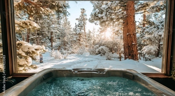 Fototapeta A serene hot tub sits surrounded by snow-covered trees and mountains