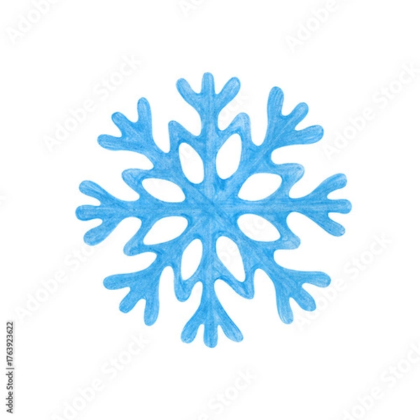 Fototapeta A blue snowflake, hand-drawn. The drawing with colored pencils is isolated on a white background. Winter template. Clipart.