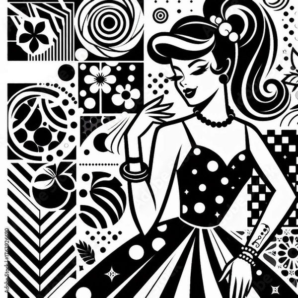 Obraz fashion model in retro style, fashion model in retro style dress, retro woman with retro hairstyle, retro woman with retro style, retro girl with retro style, girl in a hat, girl in a black dress