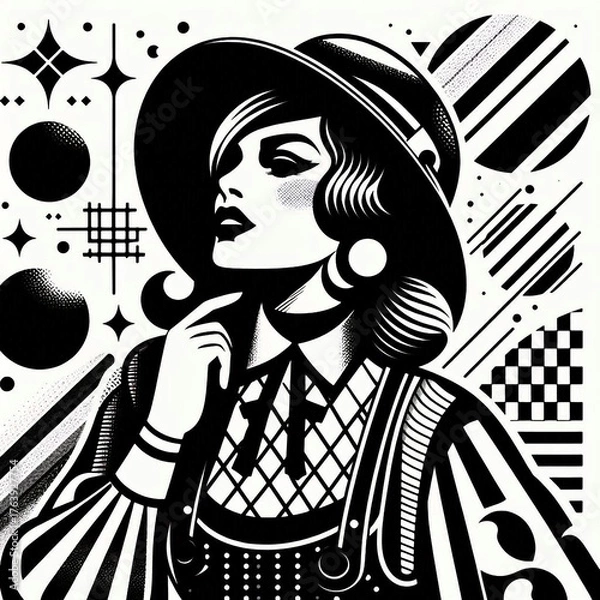Fototapeta fashion model in retro style, fashion model in retro style dress, retro woman with retro hairstyle, retro woman with retro style, retro girl with retro style, girl in a hat, girl in a black dress