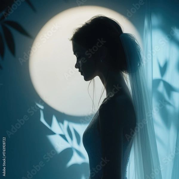 Obraz Moonlit Bridal Silhouette with Veil – Romantic Profile Against Nature-Inspired Shadows.