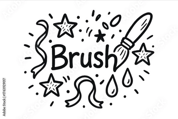 Fototapeta Brush with Whimsy. Doodle paintbrush with stars, drops, and ribbons, center word “Brush” in black and white isolated transparent