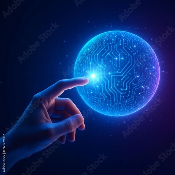 Obraz Human Hand Touching Digital Sphere – Human and AI Connection