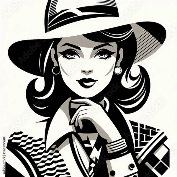 Obraz fashion model in retro style, fashion model in retro style dress, retro woman with retro hairstyle, retro woman with retro style, retro girl with retro style, girl in a hat, girl in a black dress