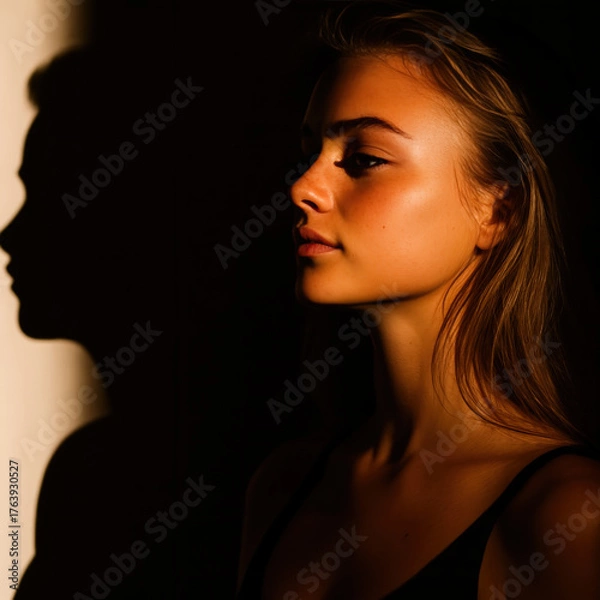 Obraz Profile Portrait with Dramatic Shadow – Minimalist Light and Silhouette Composition.