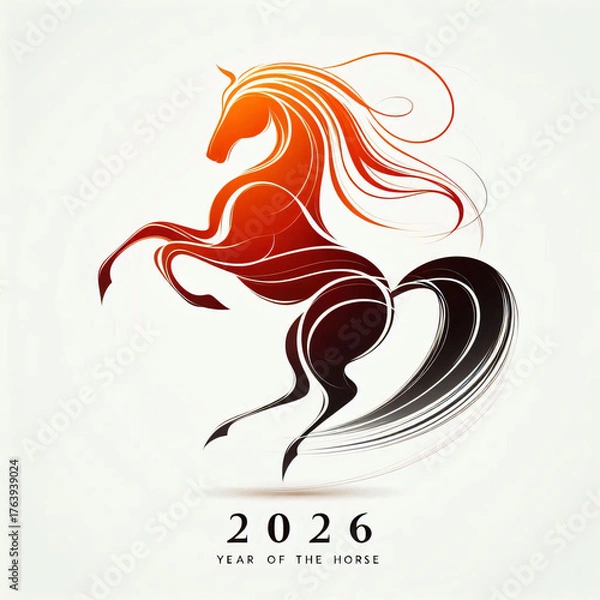 Obraz Rearing horse illustration in red, orange, and black stylized lines representing the Year of the Horse