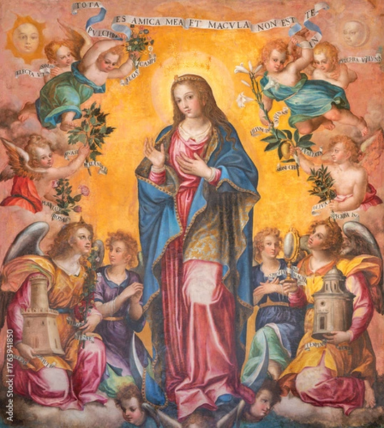 Fototapeta PRAIANO, ITALY - OCTOBER 6, 2025: The detail of painting of Immaculate Conception among the angels in the church Chiesa di san Luca by unknown artist from beginn of 16. cent.