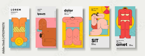 Fototapeta Summer. Beach. A modern set of five abstract posters featuring minimalist illustrations of people in various poses. The designs use bold colors and geometric shapes, creating a playful and artistic