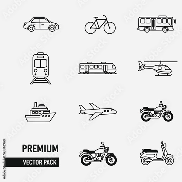 Obraz Transportation Icons Car, Bicycle, Bus, Train, Helicopter, Ship, Airplane, Motorcycle, and Scooter Vector Pack