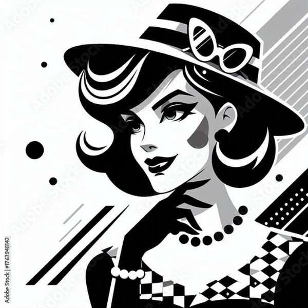 Obraz fashion model in retro style, fashion model in retro style dress, retro woman with retro hairstyle, retro woman with retro style, retro girl with retro style, girl in a hat, girl in a black dress