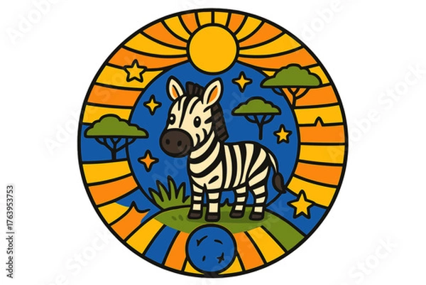 Fototapeta Striped Savanna Symphony. Zebra in the middle with grass, savanna trees, suns, and stars arranged in striped circular symmetry,