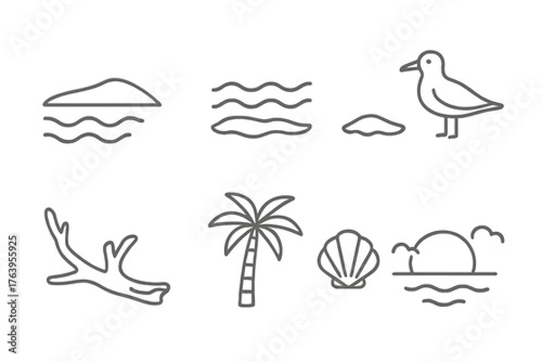 Fototapeta Coastal Lagoon Icons. Line style icons of Coastal Lagoon: Barrier Island, Calm Water, Sandbar, Seabird, Driftwood, Palm Tree,