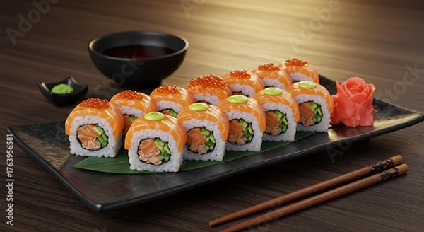 Fototapeta Fiery and Delicious Sushi Roll Platter: Fresh Salmon, Cucumber, Roe, Japanese Restaurant Meal
