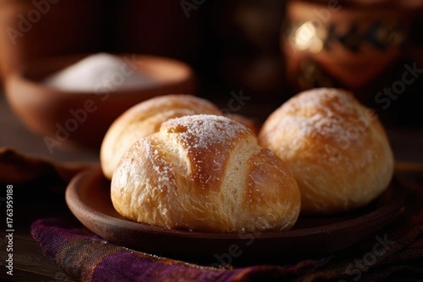 Fototapeta pan de muerto bread with sugar, rustic table