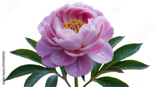 Fototapeta Delicate pink peony bloom with green leaves against a dark background