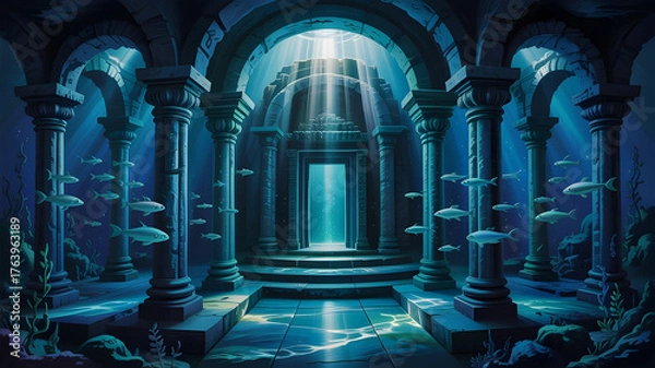 Fototapeta Surreal ancient temple interior with ethereal light beams and mystical atmosphere