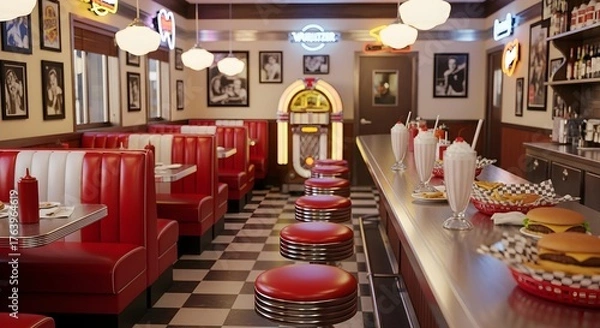 Fototapeta Vintage 1950s American diner interior with red leather booths, checkered floor, jukebox and classic retro restaurant design nostalgic atmosphere