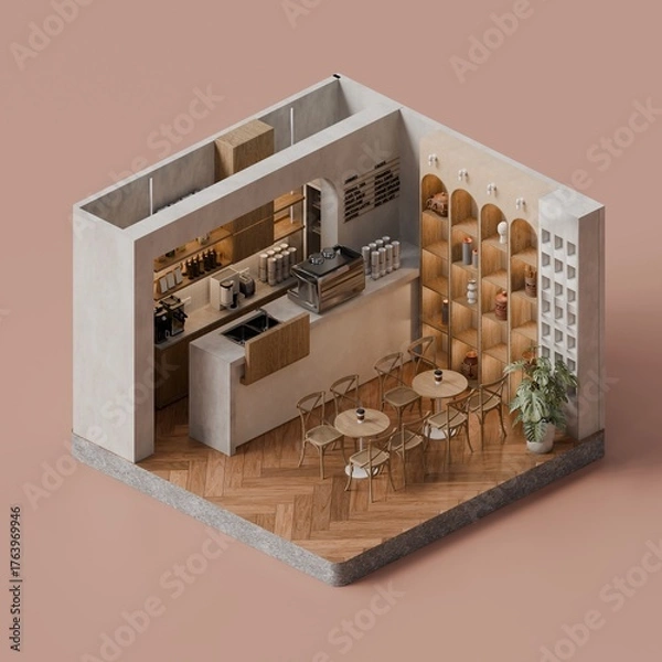 Fototapeta Isometric Minimal Coffee Shop Interior with Wooden Furniture and Warm Pastel Tones - 3D Render
