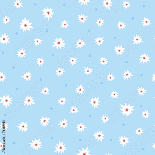 Obraz Cute floral seamless pattern. Small white flowers on blue background  with round dots.