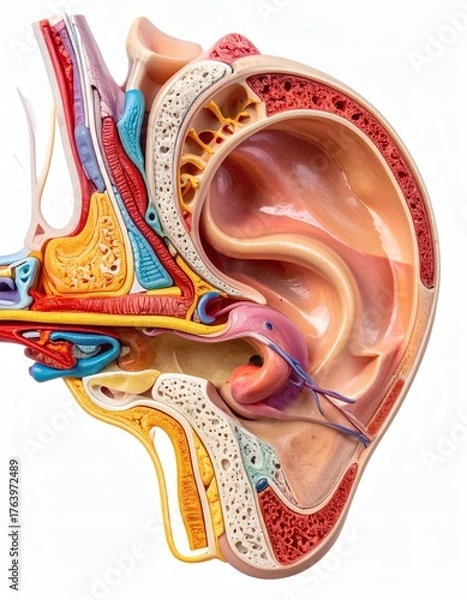 Obraz Human Ear Anatomy Cross Section Medical Illustration  Structure, isolated on white background