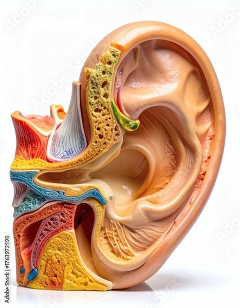 Fototapeta Anatomical Model of Human Ear Cross-Section Showing Inner, Middle, and Outer Ear Anatomy, isolated on white background