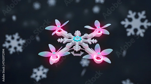 Fototapeta Toy snowflake drone with petal propellers, white body and turquoise inserts, pink LEDs, dark background with large flat snowflakes