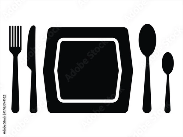 Obraz Elegant Cutlery and Plate Icon Set – Minimalist Black and White Dining Utensil Silhouettes for Restaurant and Tableware Design