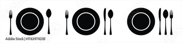Fototapeta Elegant Cutlery and Plate Icon Set – Minimalist Black and White Dining Utensil Silhouettes for Restaurant and Tableware Design