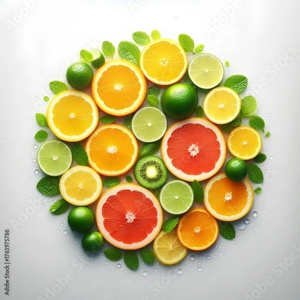 Fototapeta Circle of juicy citrus slices and mint leaves, bright and fresh, no background