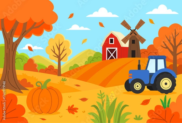 Obraz Colorful Cartoon Fall Farm Vector Background - Flat Autumn Landscape with Barn and Tractor