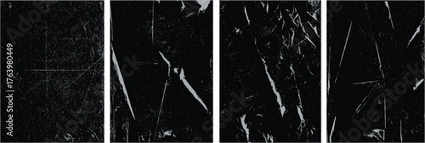 Obraz Vintage overlay textures with folded paper look, distressed scratches, dusty grunge marks, torn edges, and punk style creases. Ideal for damaged film frames, retro effects, or raw design. Vector.