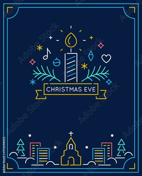 Obraz Candle and Ornaments, Winter Town and Church Outline. Christmas Eve Candlelight Service Invitation. Line Art Vector Design