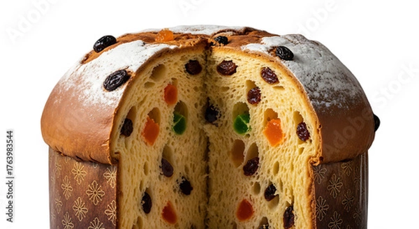 Obraz A close-up view of a traditional Italian panettone, sliced open to reveal its rich interior filled with candied fruits and raisins, dusted with powdered sugar.