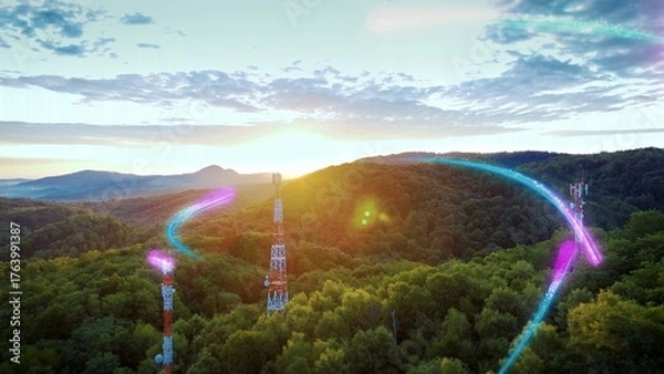 Fototapeta Mobile data signal animation of three communication towers in green nature landscape at sunrise